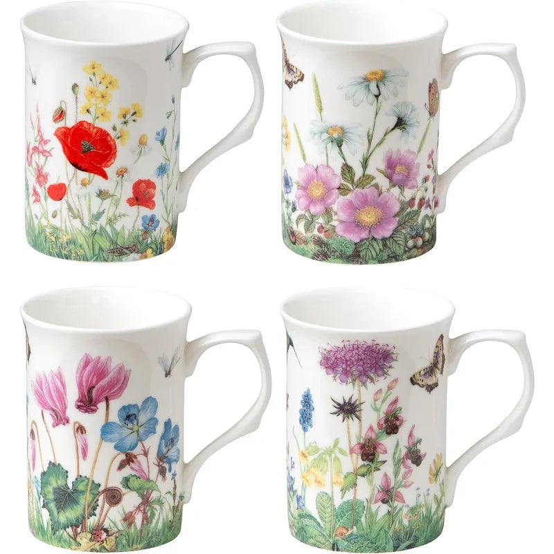 Bone China Coffee Tea Mugs 9-Ounce, Assorted Set of 4 (Meadow)