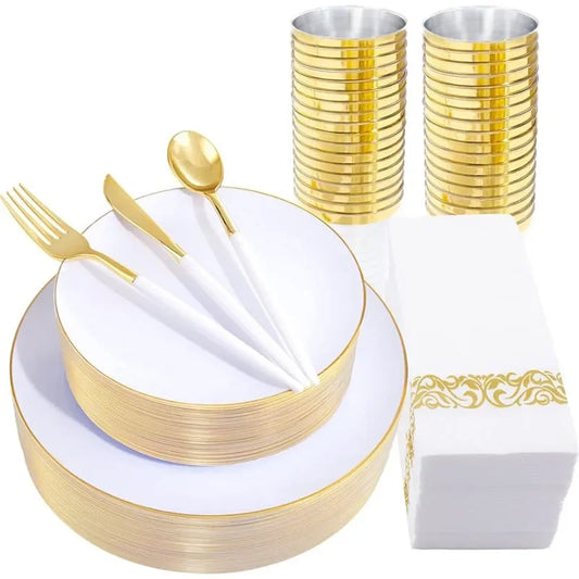 350PCS White and Gold Plastic Plates & Gold Plastic Silverware with White Handle