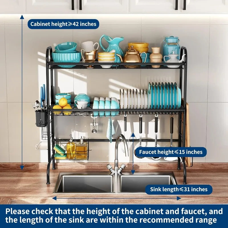 2 Tier Large Over Sink Dish Drying Rack with Utensil Holder