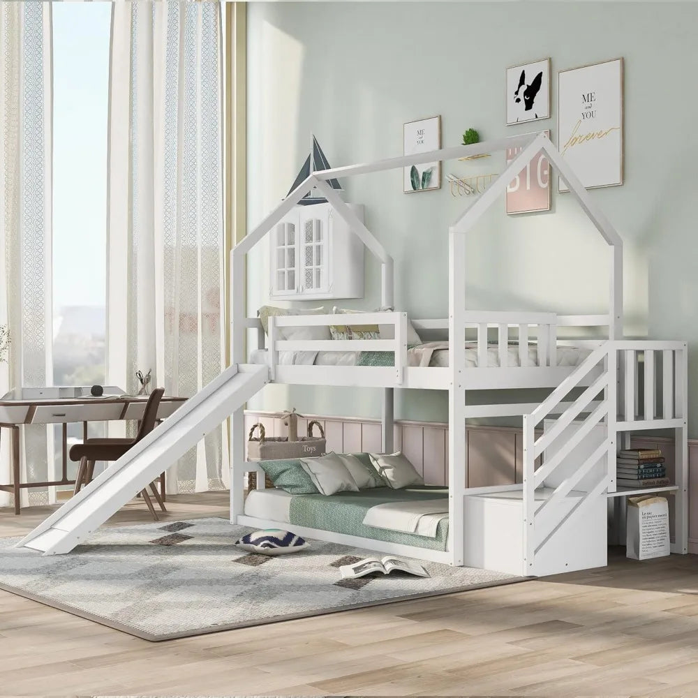 Twin Over Twin Solid Wood House Bunk Bed Frame with Slide
