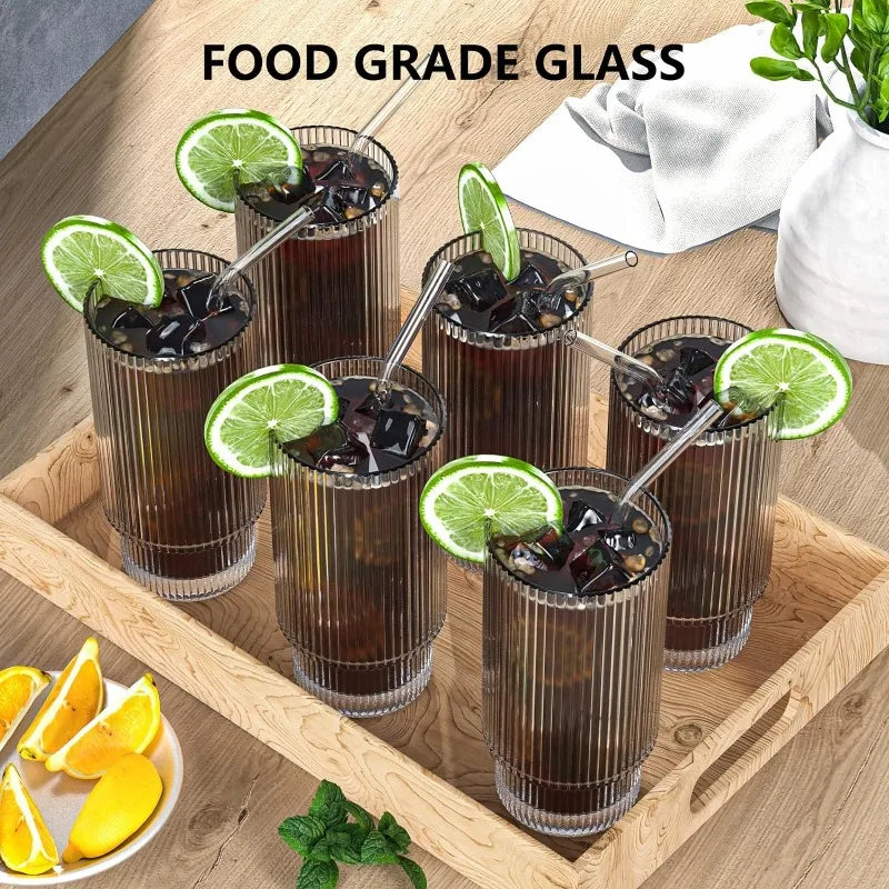 8 Set Glass Cups, 16OZ Ribbed Glassware with Bamboo Lids and Glass Straws