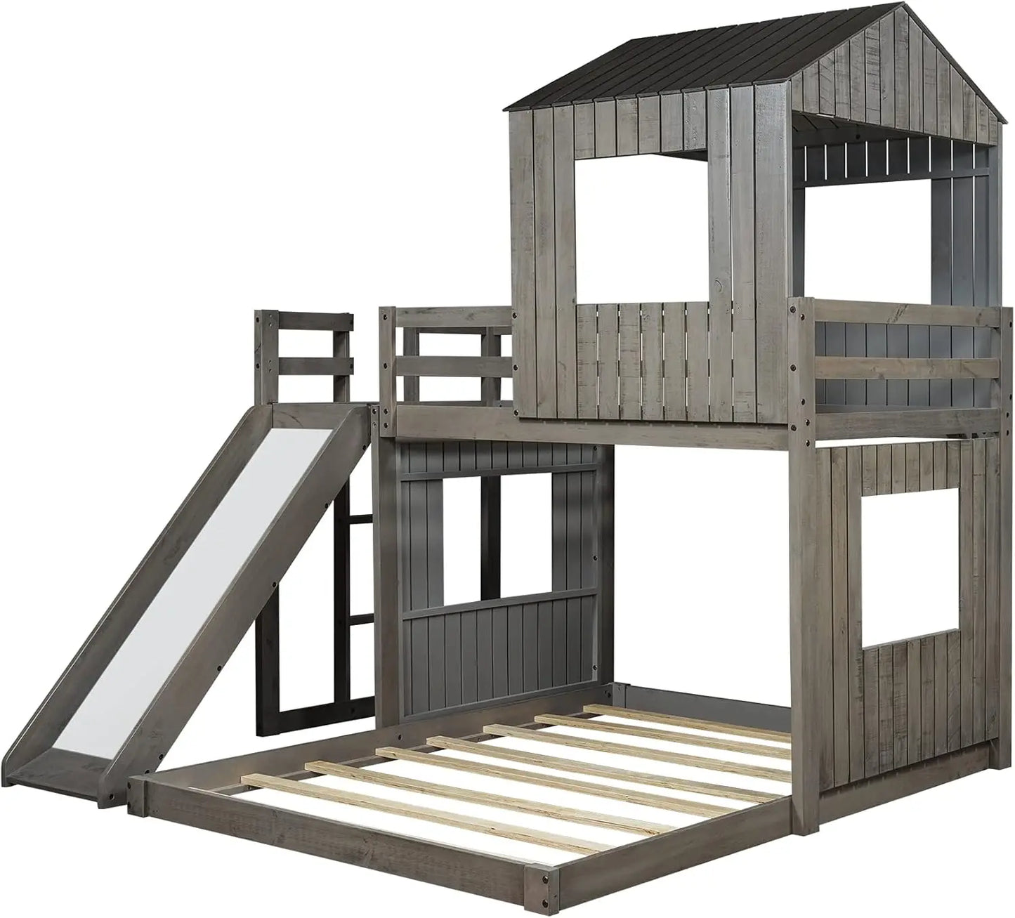 Twin Over Full Size, Wood Bunk Beds with Roof and Window, with Slide