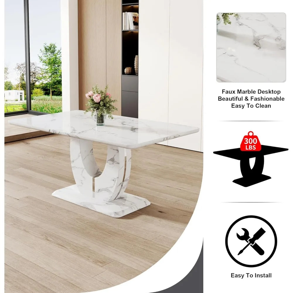 White Faux Marble Rectangle Dining Table Set for 6