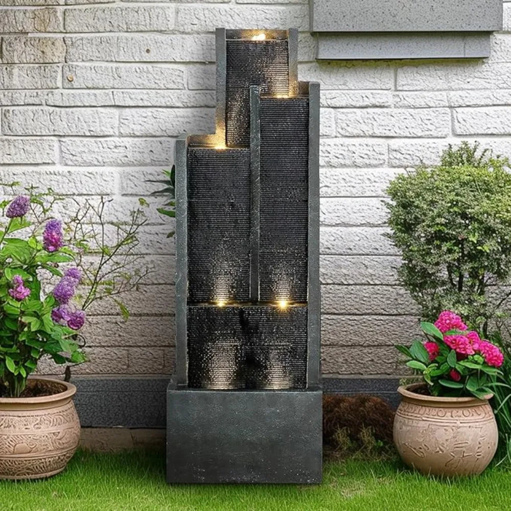 35 Inch Modern Outdoor Garden Fountain Waterfall with LED Lights