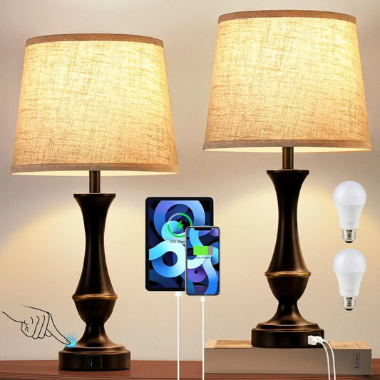 Set of 2 - Upgraded 3 Way Dimmable Touch Lamps with USB C+A