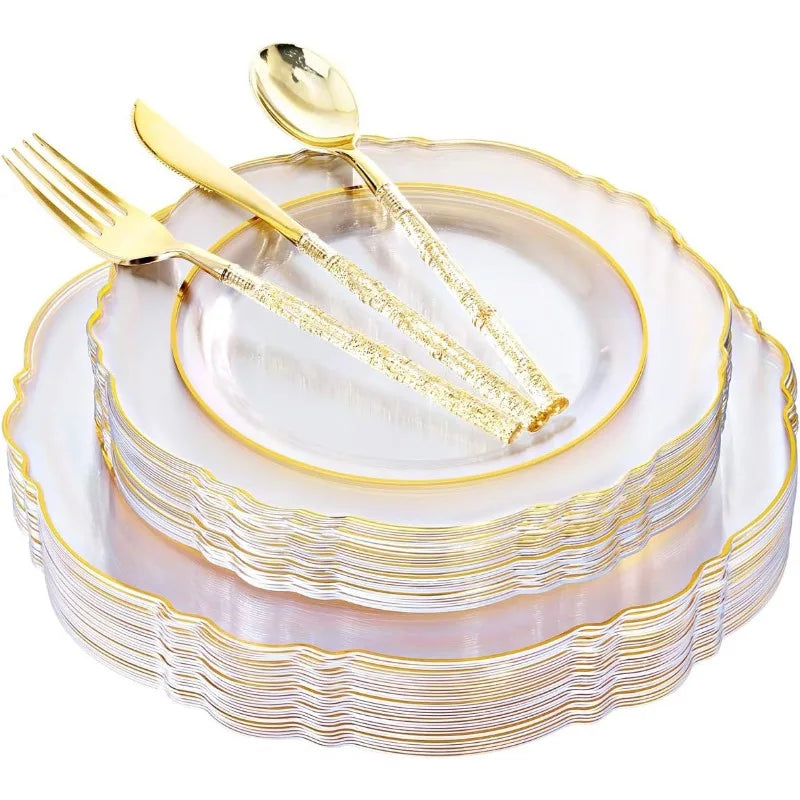 150PCS Clear-Gold Plastic Plates - Gold Plastic Silverware with Glitter Handle - 30 Guests