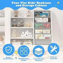 4 Tier Kids Wooden Bookshelf, 5 Layer Sling Bookcase