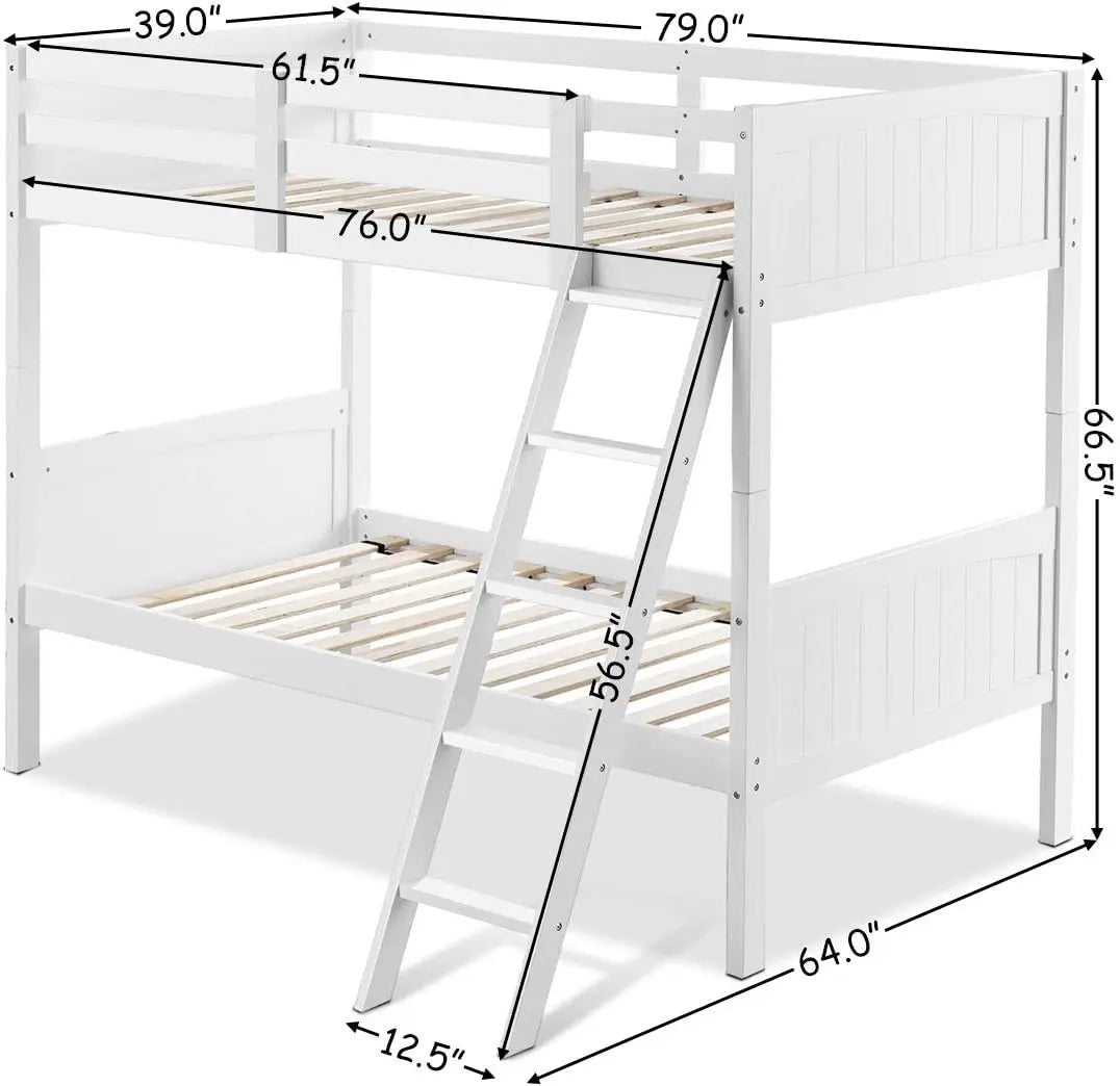 Wood Twin Over Twin Bunk Beds with Ladder and Safety Rail (White)