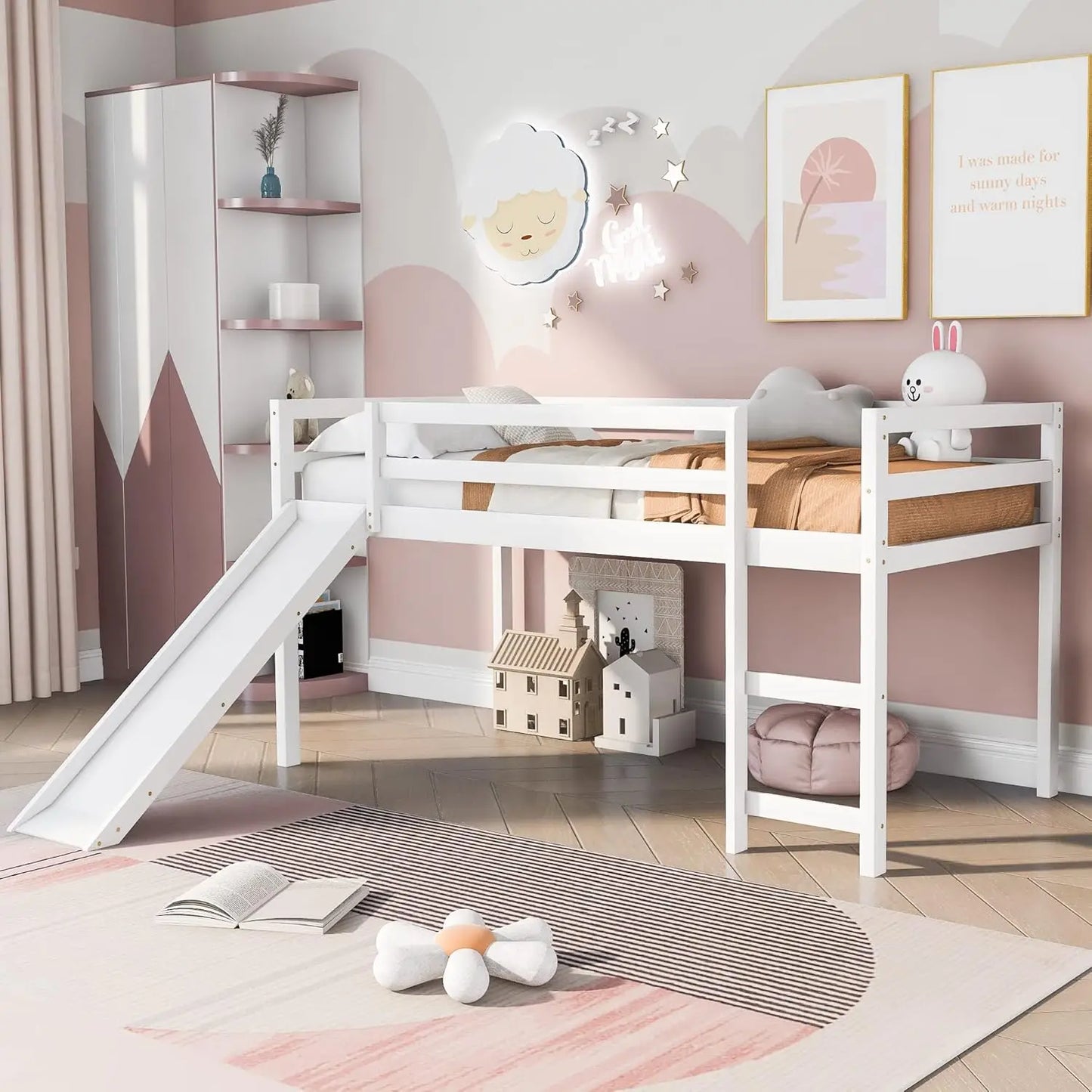 Multifunctional Design Twin Loft Bed with Slide and Ladder for Kids