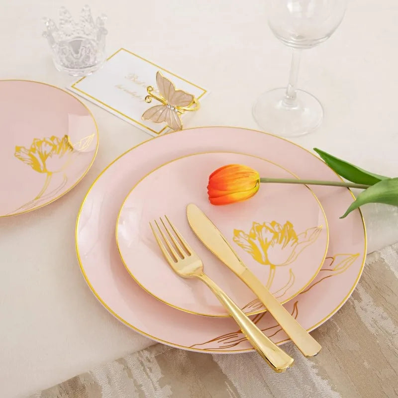 175PCS Floral Gold Disposable Plates