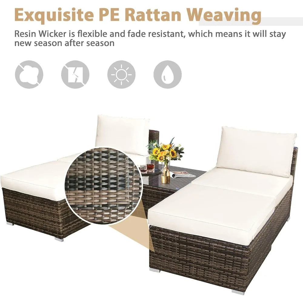 5 Piece Wicker Lounge Chair Set with Tempered Glass Coffee Table