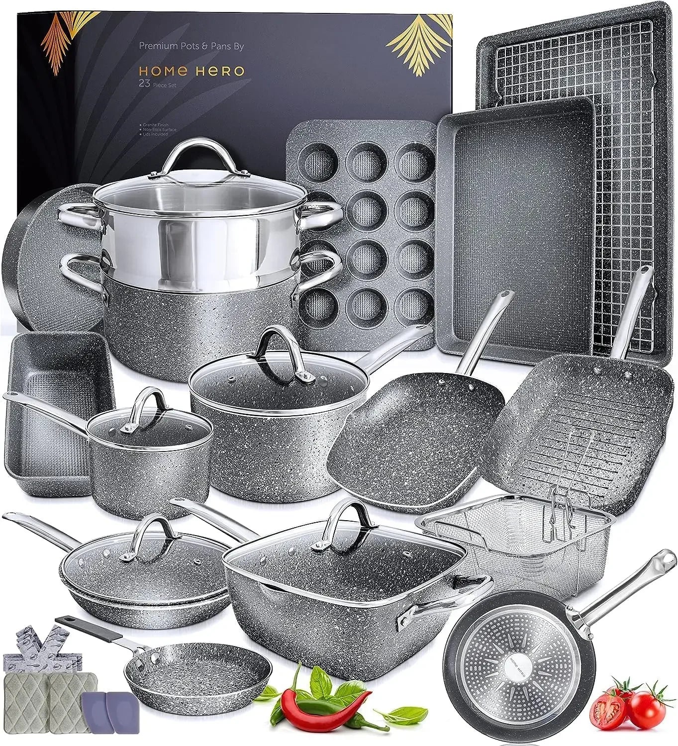 23 Pcs Non Stick - Induction Compatible Kitchen Cookware + Bakeware Set