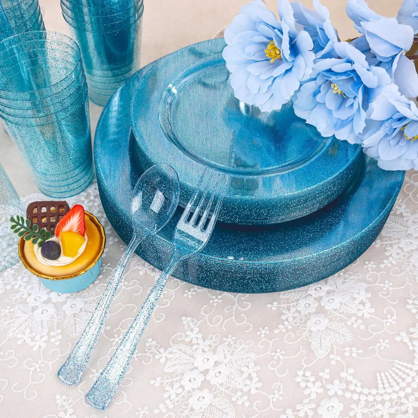 180Pcs Blue Glitter Disposable Dinnerware Set (30 Guests), With Glitter Silverware