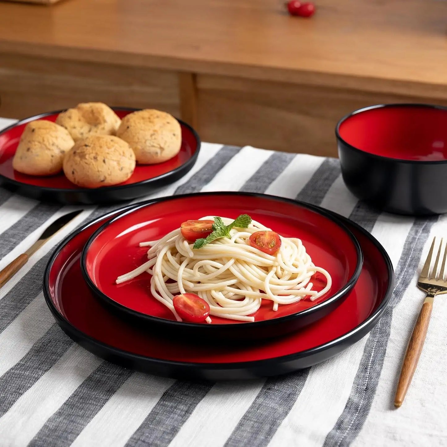 12-Piece Luxury 2 tone Red and Black Melamine Dinnerware Set
