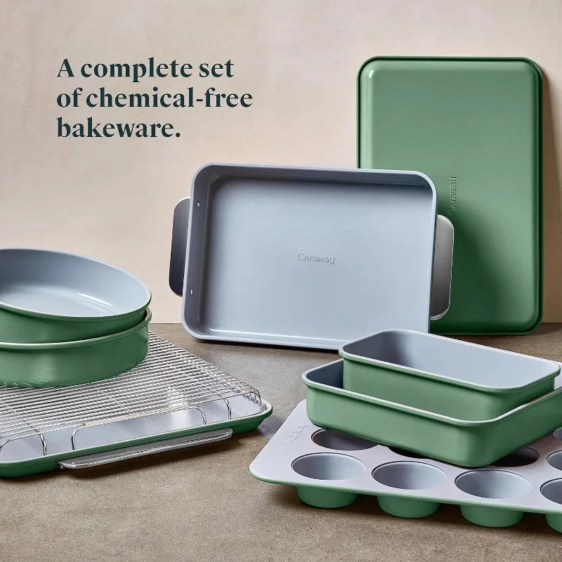 Nonstick Ceramic Bakeware Set (11 Pieces) - Baking Sheets, Assorted Baking Pans, Cooling Rack, & Storage