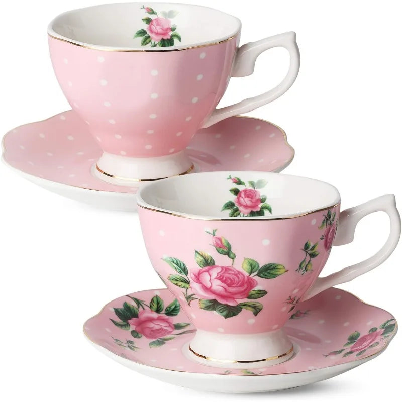 Floral Tea cups (8oz), Tea Pot (38oz), Creamer and Sugar Set, Gift box, Cups and Saucer Set