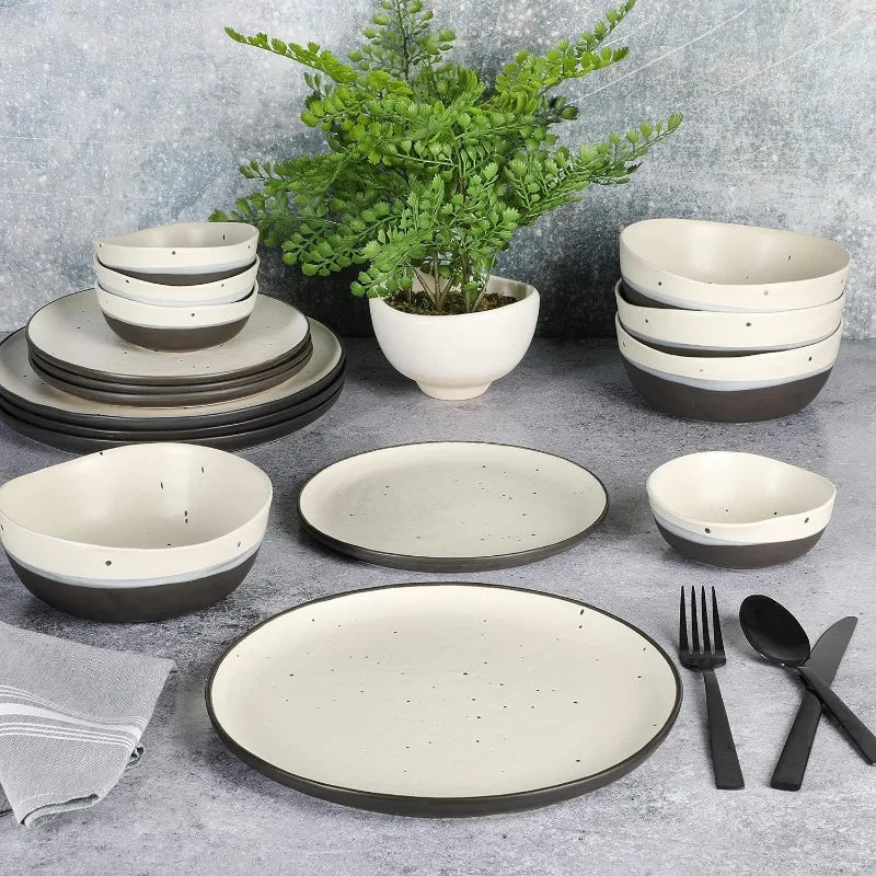 Double Bowl Stoneware Dinnerware Set, Service for 4 (16pcs), White and Black