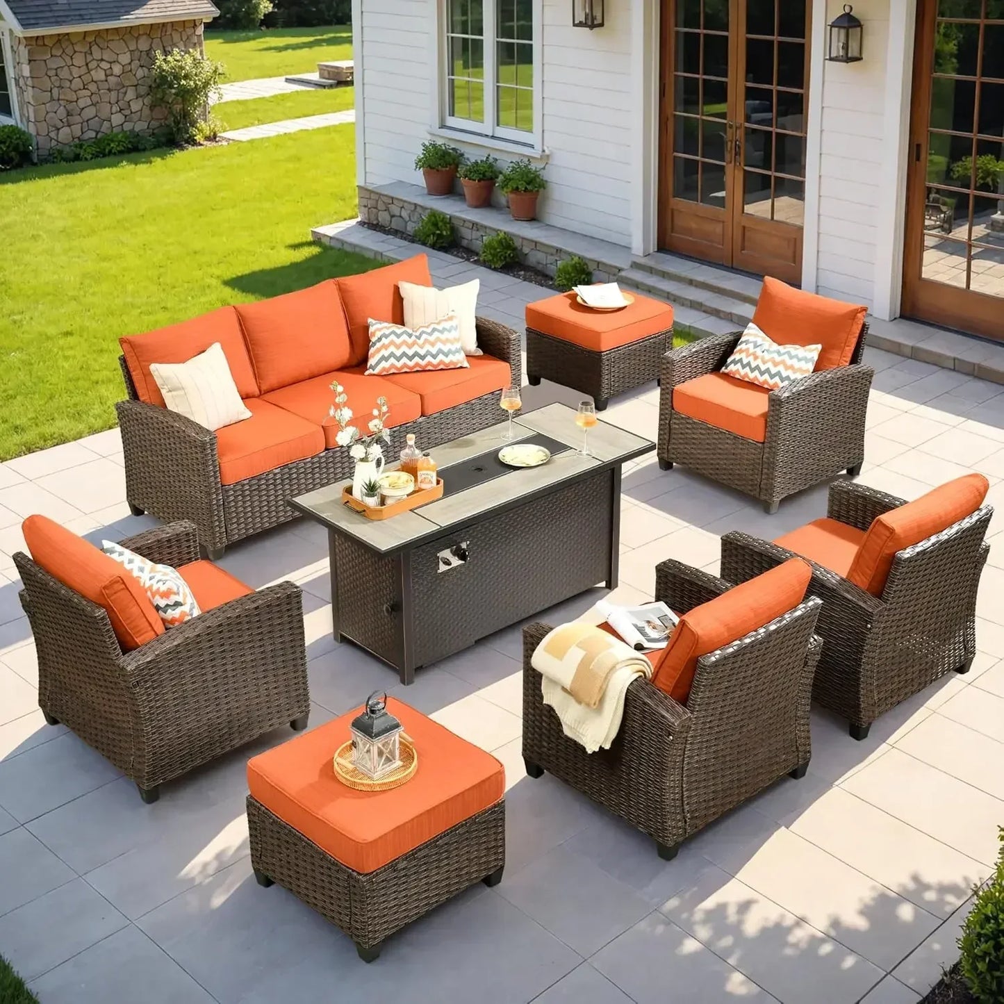 8 pcs Brown Wicker Patio Furniture Set with 54" Fire Pit Table