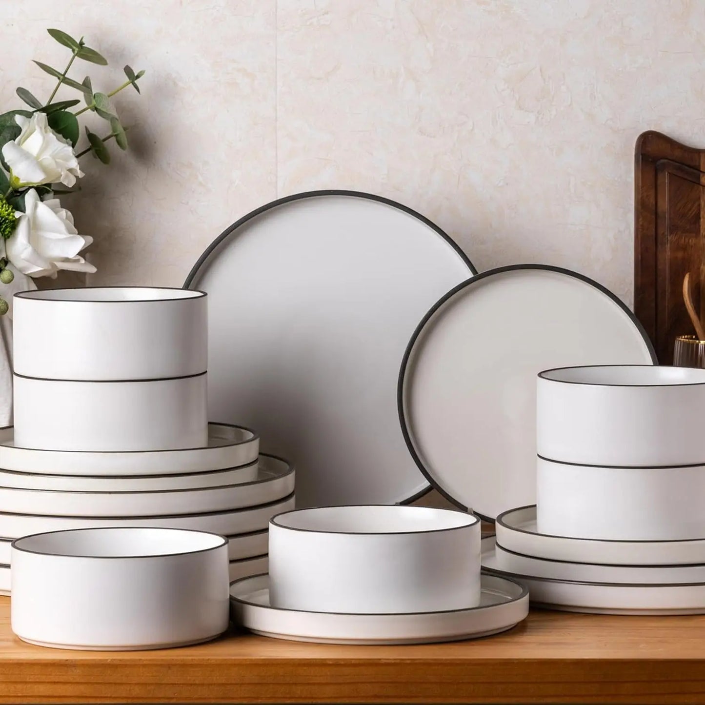 18-piece High Edge Stoneware Plates and Bowls Set, Chip and Crack Resistant