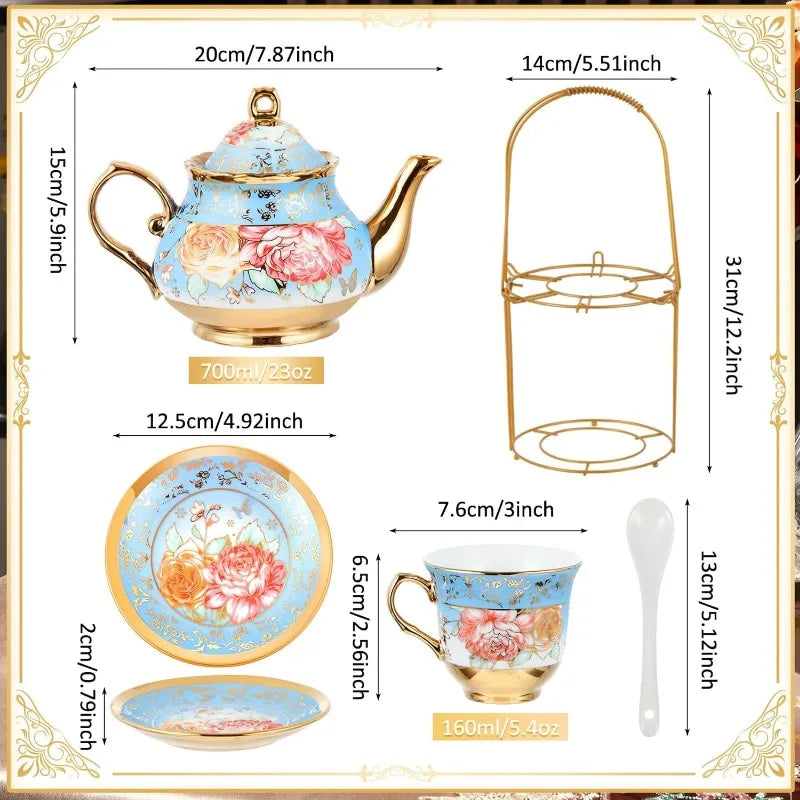 20 Pcs European Porcelain Tea Set with Metal Holder, Service for 6