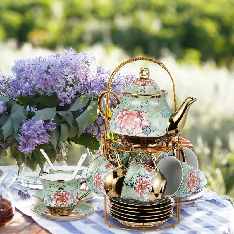 20 Pcs European Porcelain Tea Set with Metal Holder, Service for 6