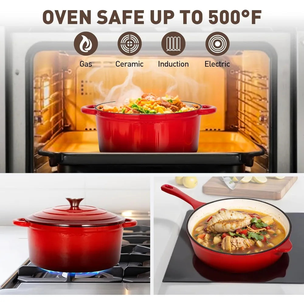 Red Enamel Heavy Duty Cast Iron 7-Piece Cookware Set