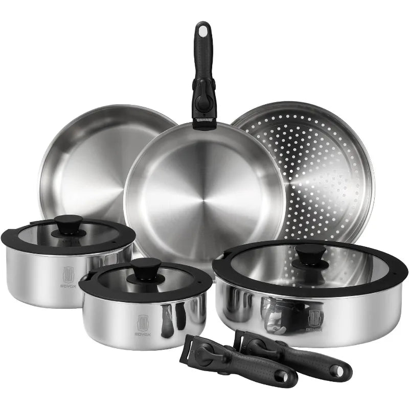 20 Piece Stainless Steel Cookware Set with Removable Handle