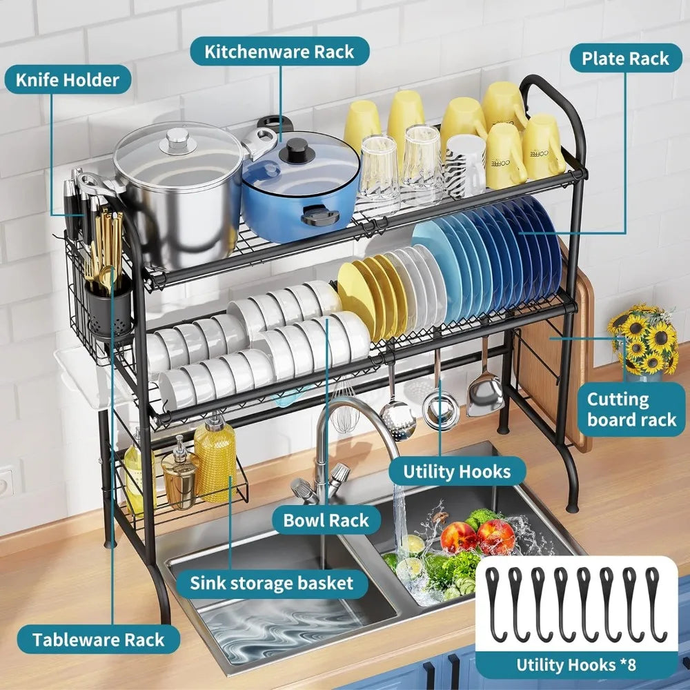 2-Tier Stainless Steel Large Over The Sink Dish Rack with Utensil Holder