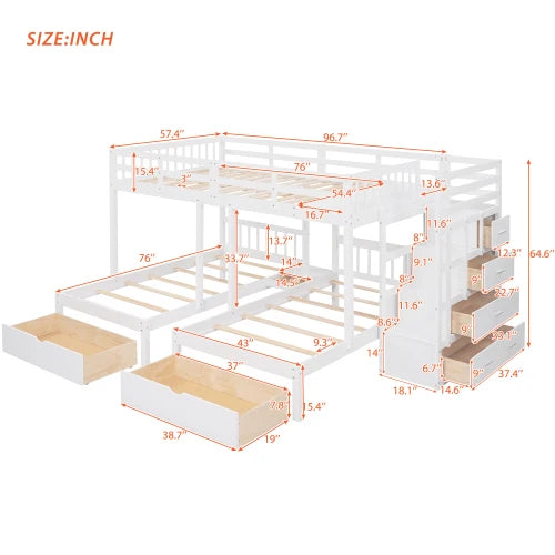 Wood Full over Twin & Twin Bunk Bed,Triple Bunk Bed with Drawers