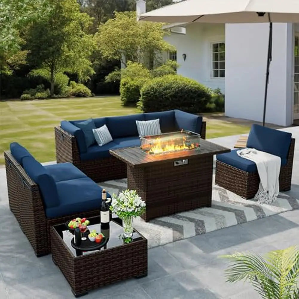 8pcs Rattan Sectional Conversation Patio Furniture Set w/ Fire Pit Table