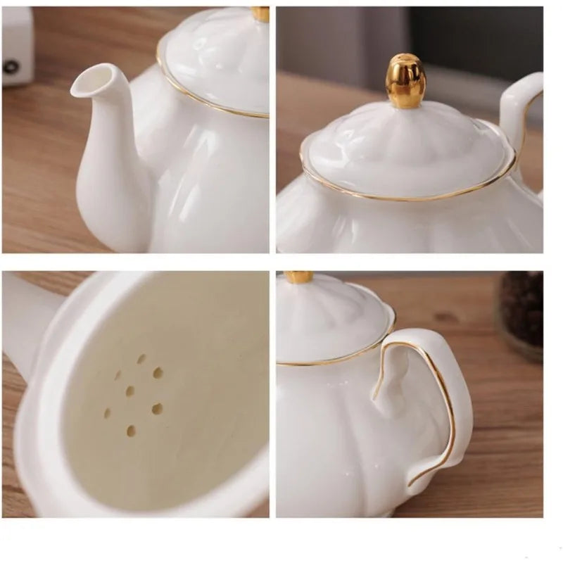 15 Piece Simple White English Ceramic Tea Set with Metal Holder, Matching Spoons