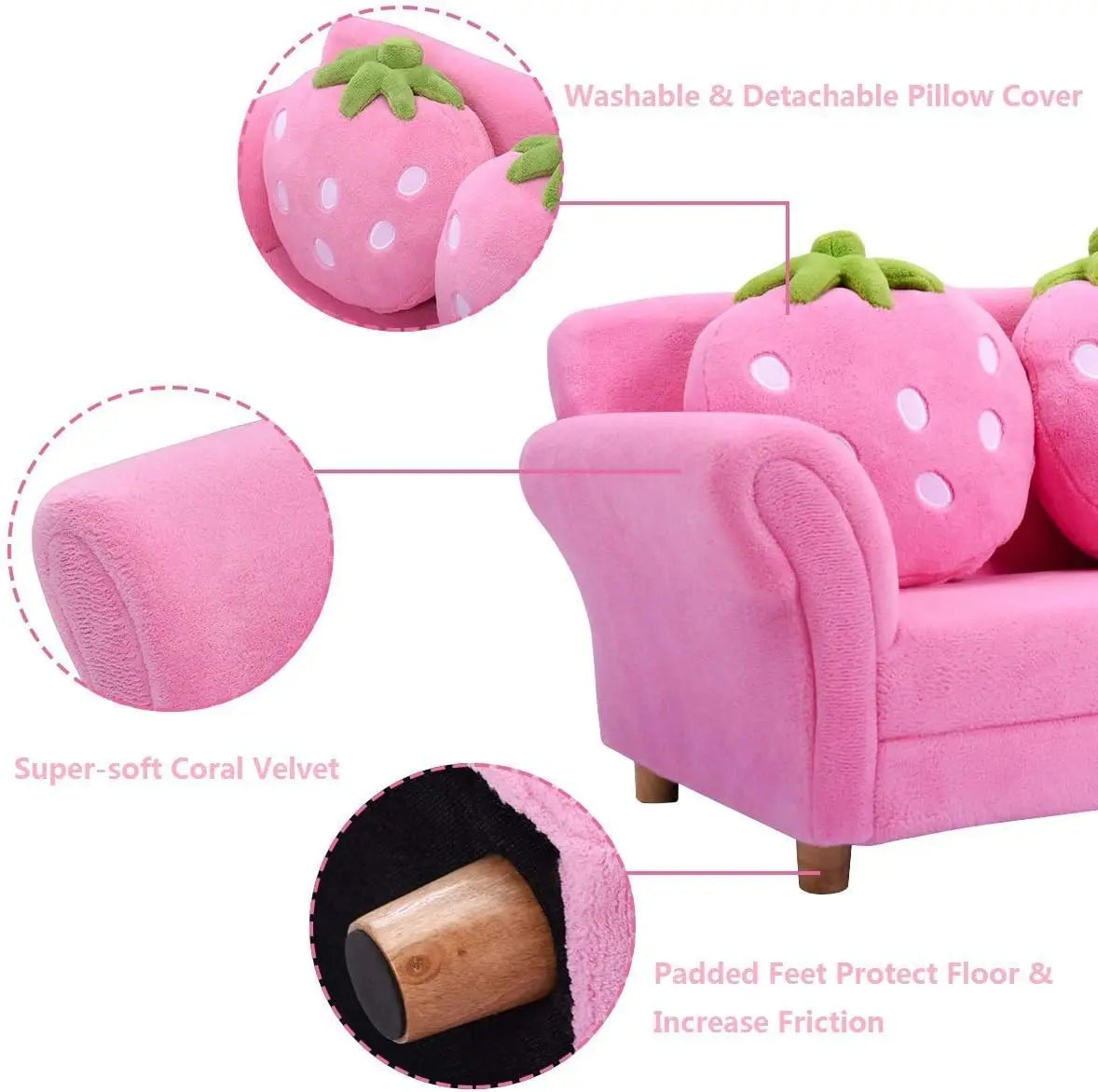 Coral Fleece Surface, Toddler Couch with Two Strawberry Pillows