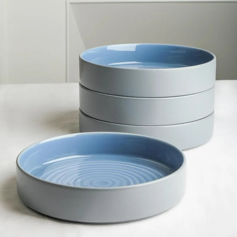 12-Piece Modern Stoneware Dinnerware Plates and Bowls Set for 4, Blue and Grey