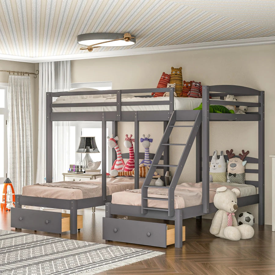 Wood Full over Twin & Twin Bunk Bed,Triple Bunk Bed with Drawers