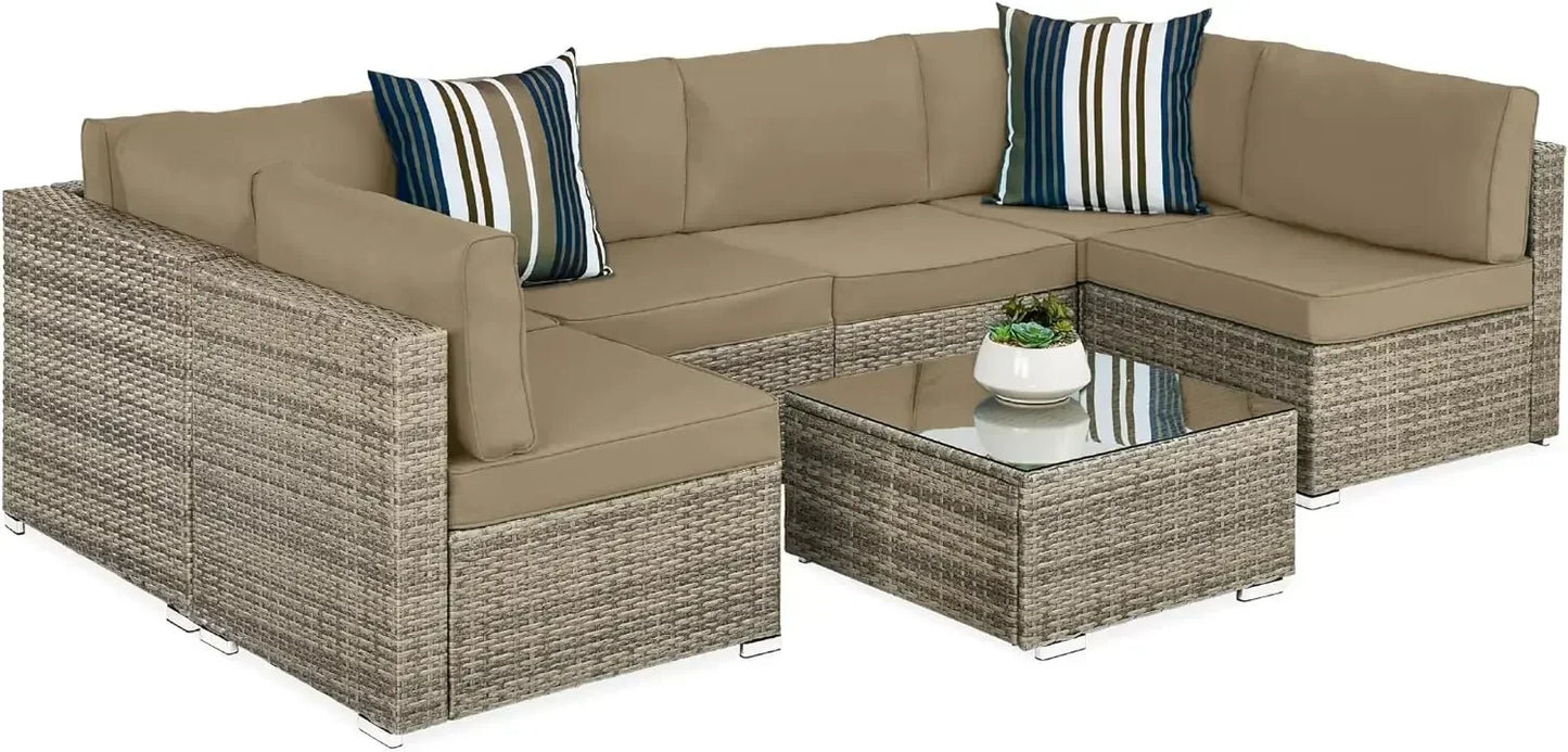 Modular Outdoor Sectional Wicker Patio Conversation Set w/ 2 Pillows, Coffee Table, Cover Included