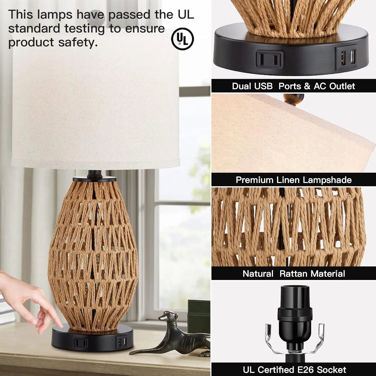 3 Way  Touch Control Rattan Table Lamps, Set of 2, with 2 USB Ports and AC Outlet