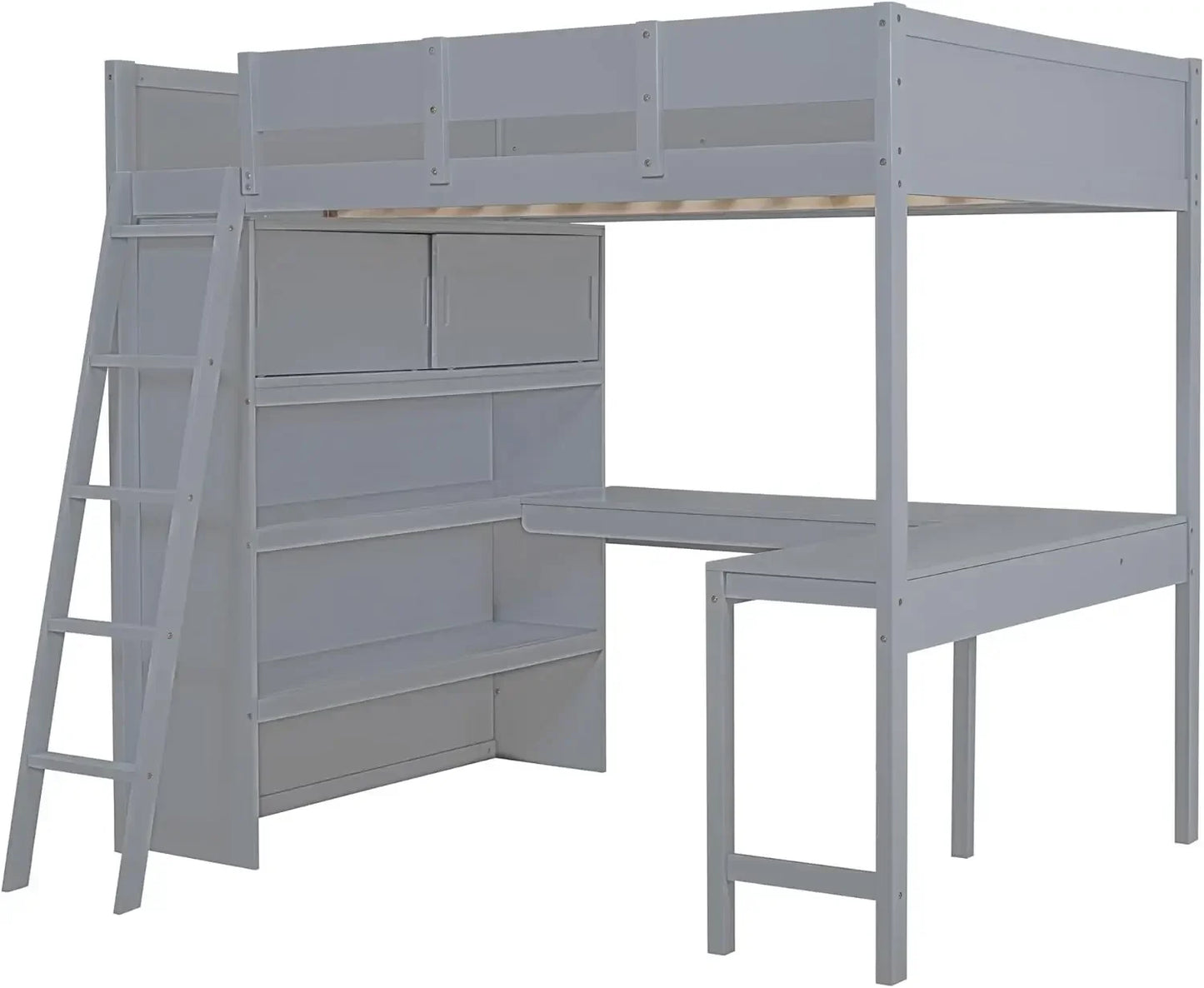 Full Size Loft Bed Frame with Wardrobe and Desk