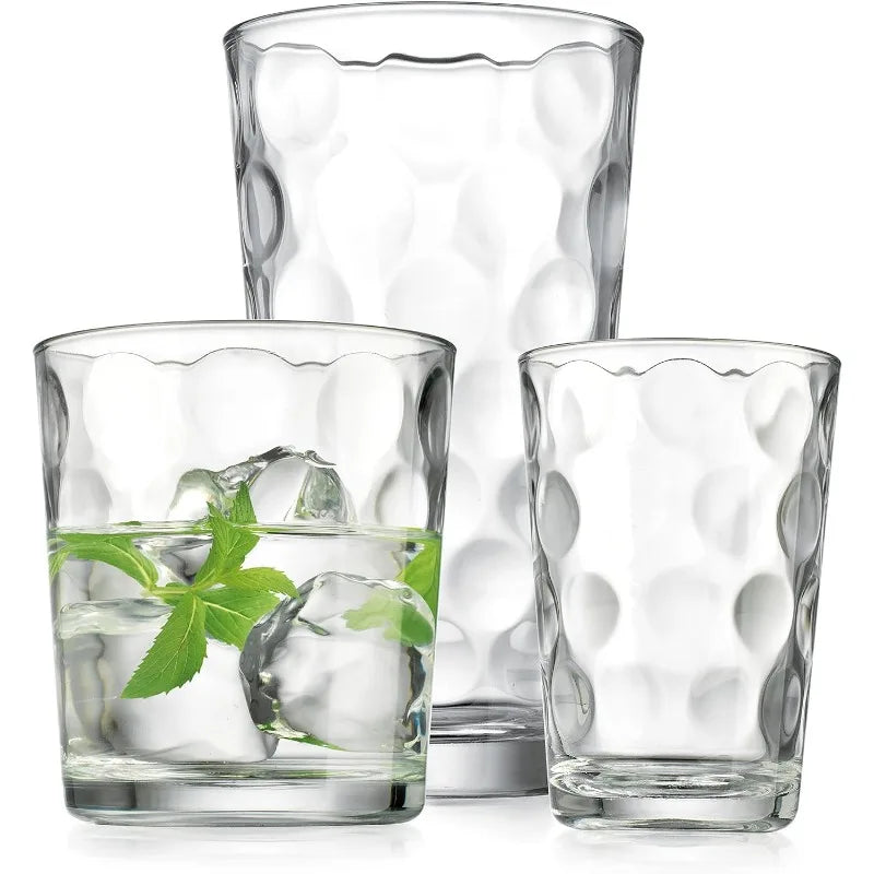 18 Piece Mixed Drinkware. Set of 6 Glass Tumblers 17 oz., Set of 6 Rock 13 oz. and Set of 6 Juice 7 oz Glass Cups