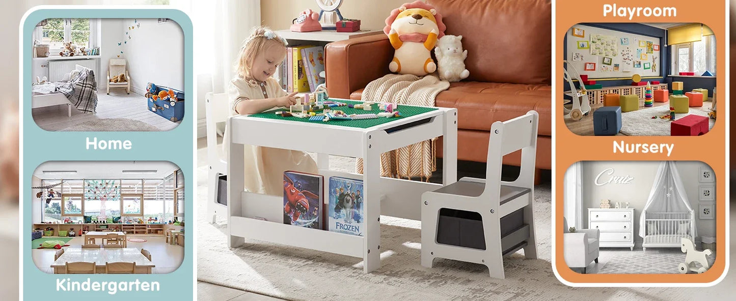 Kid's 3 in 1 Wooden Activity Table and Chair Set, with Bookshelves and Storage Drawer