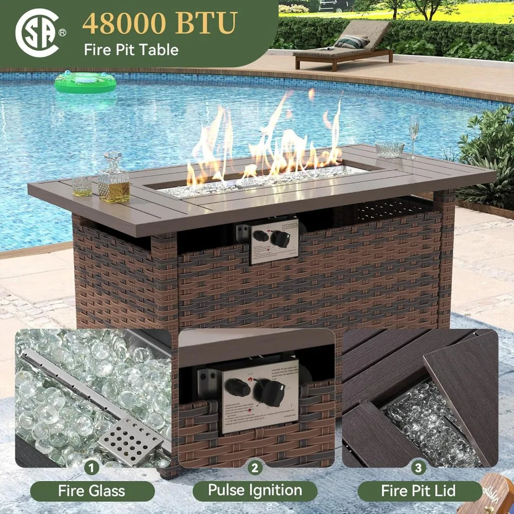 8-Piece Rattan Outdoor Furniture Set with 44 Fire Pit Table, Red