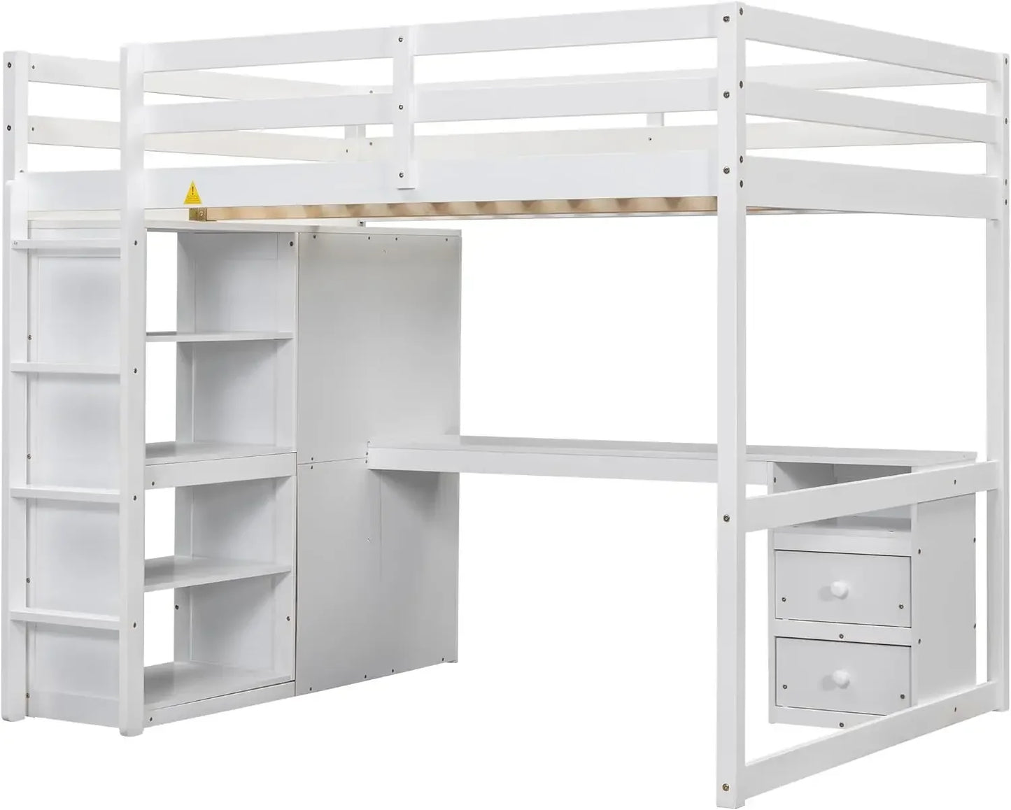 Full Size Loft Bed Frame with Wardrobe and Desk