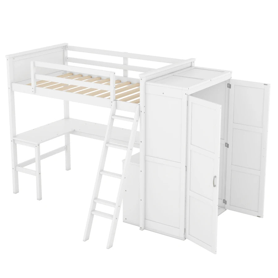 Kids Twin size Multifunctional Bed with Desk, Shelves and Wardrobe