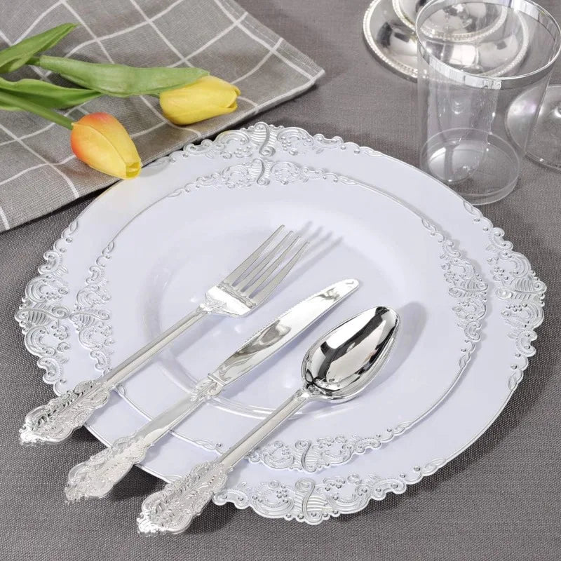 150PCS Clear-Gold Plastic Plates - Gold Plastic Silverware with Glitter Handle - 30 Guests