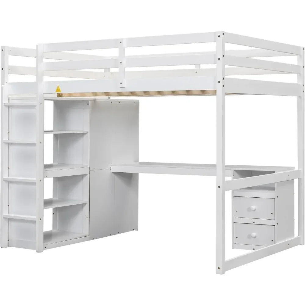 Full Size Loft Bed Frame with Wardrobe and Desk