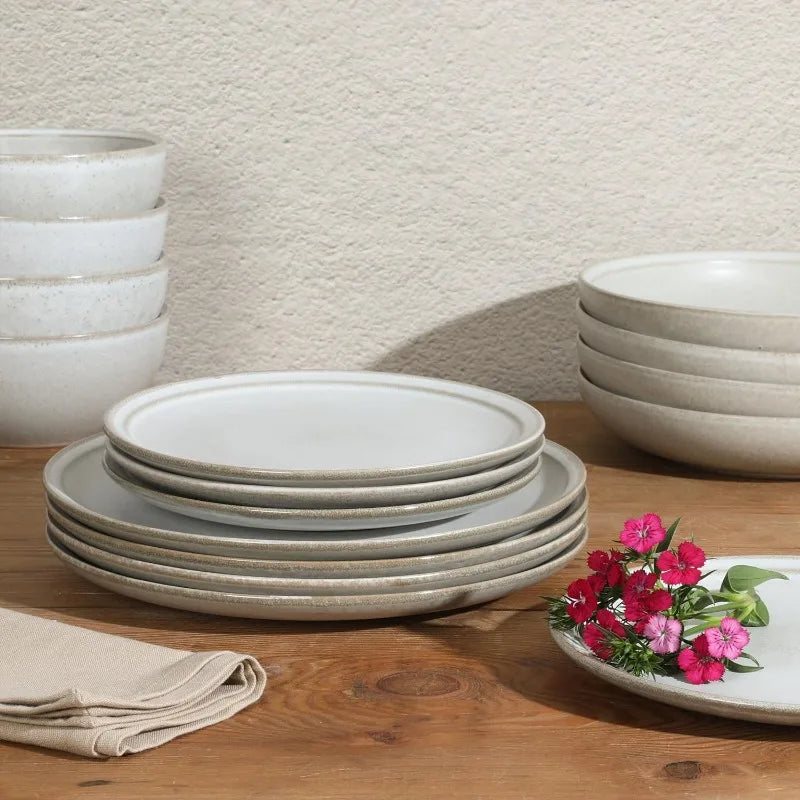 Beckett Stoneware Matte Reactive Glaze 16 Piece (Service for 4) Plates and Bowls Dinnerware Set - Linen White