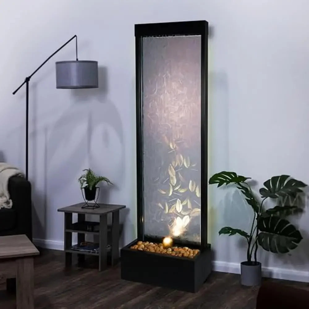 72" Indoor/Outdoor Waterfall Embossed Leaves Design Modern Glass Panel Fountain with LED Light