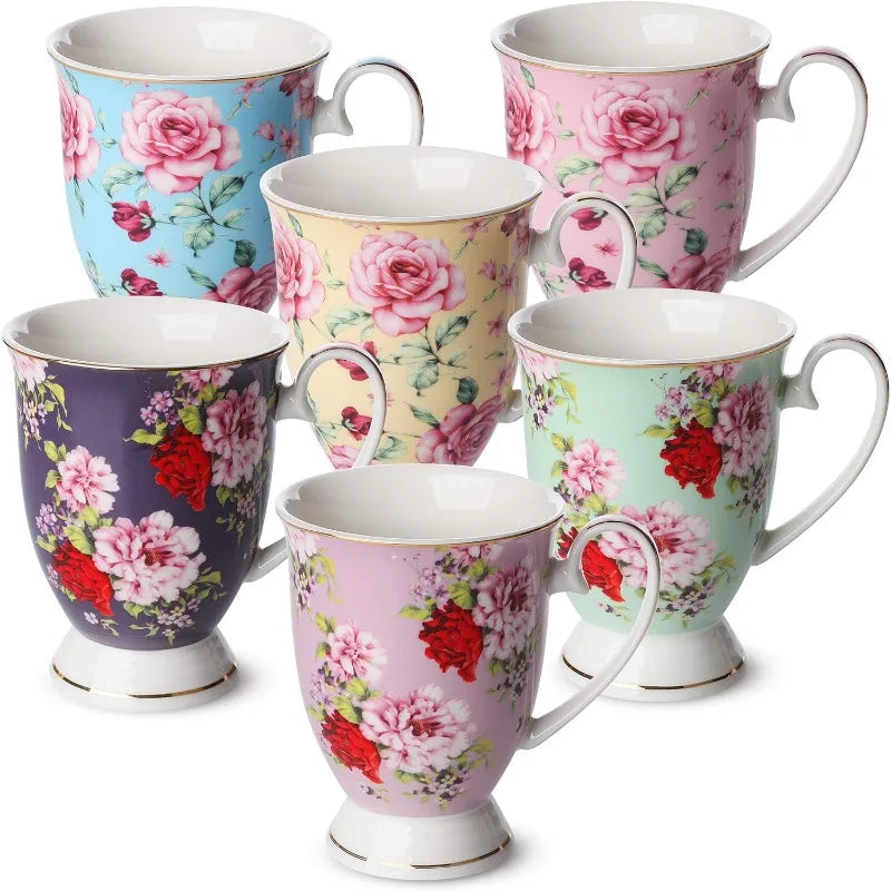 Set of 6, 12 oz, Floral Bone China Porcelain Mugs