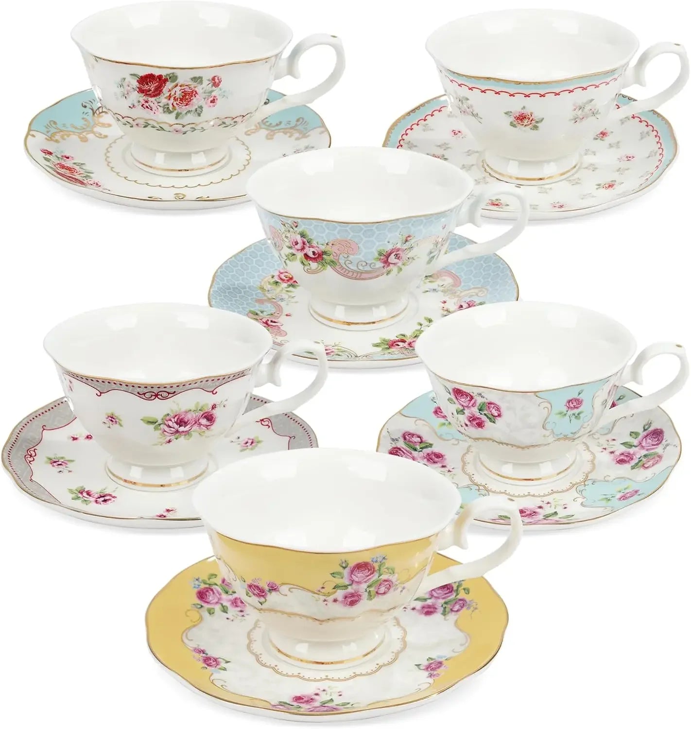 Set of 6, Colorful Floral Porcelain Coffee Cup with Saucer