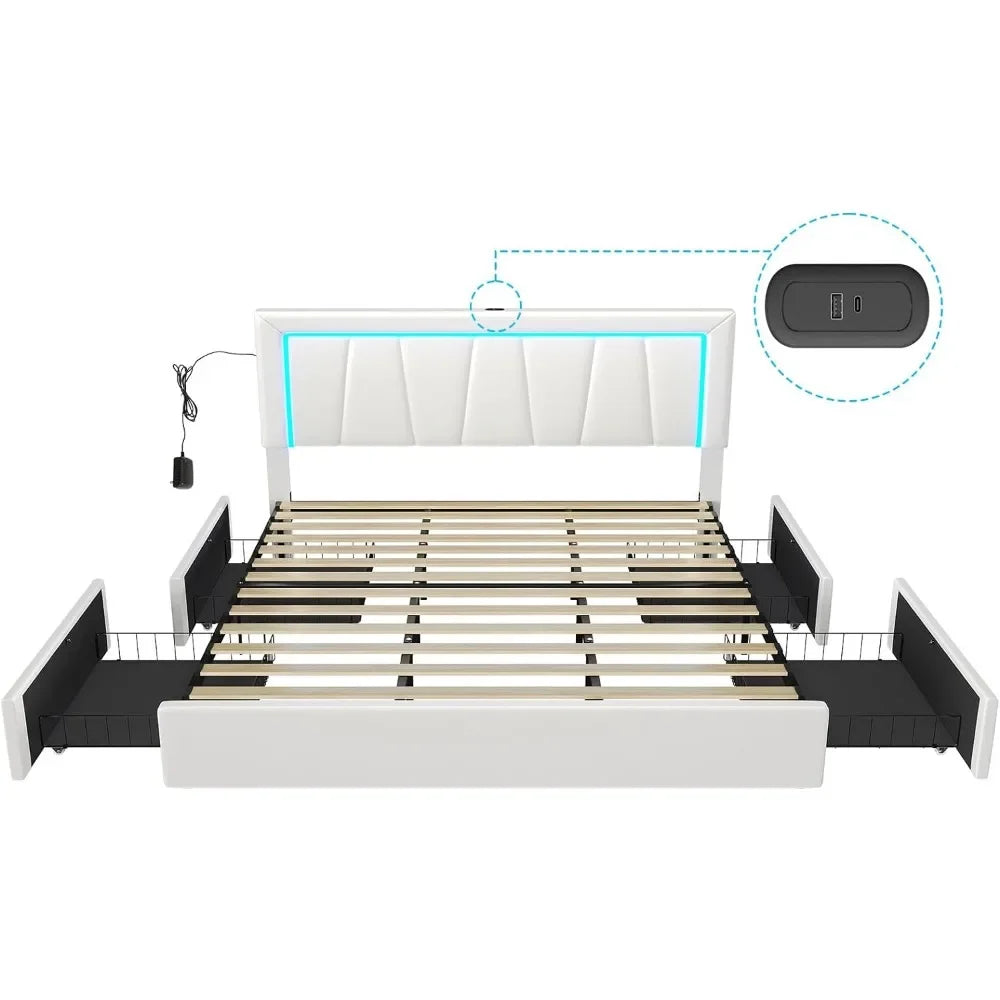 Upholstered Platform Bed Frame with 4 Storage Drawers and Led Lights