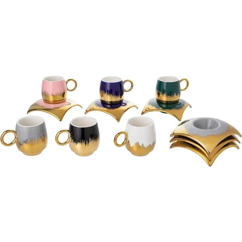 Turkish Coffee Cup Set of 6 with Saucers & Tray - Luxury Arabic Greek Japanese Marble Ceramic Tea Cups for Espresso, Cappuccino